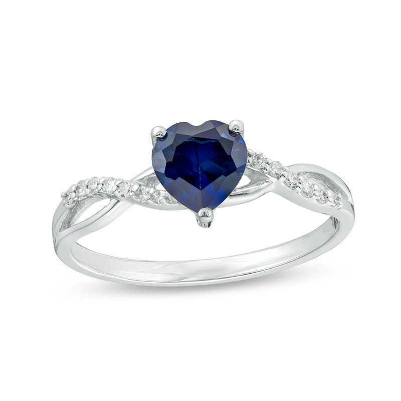6.0mm Heart-Shaped Lab-Created Blue Sapphire and 1/20 CT. T.W. Diamond Twist Shank Ring in 10K White Gold