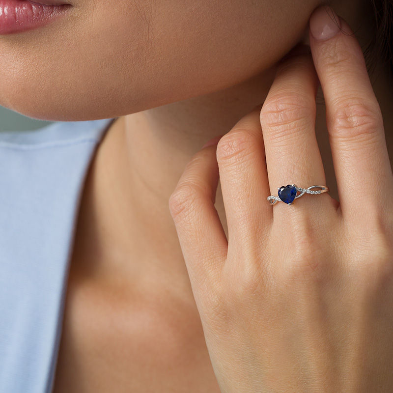6.0mm Heart-Shaped Lab-Created Blue Sapphire and 1/20 CT. T.W. Diamond Twist Shank Ring in 10K White Gold