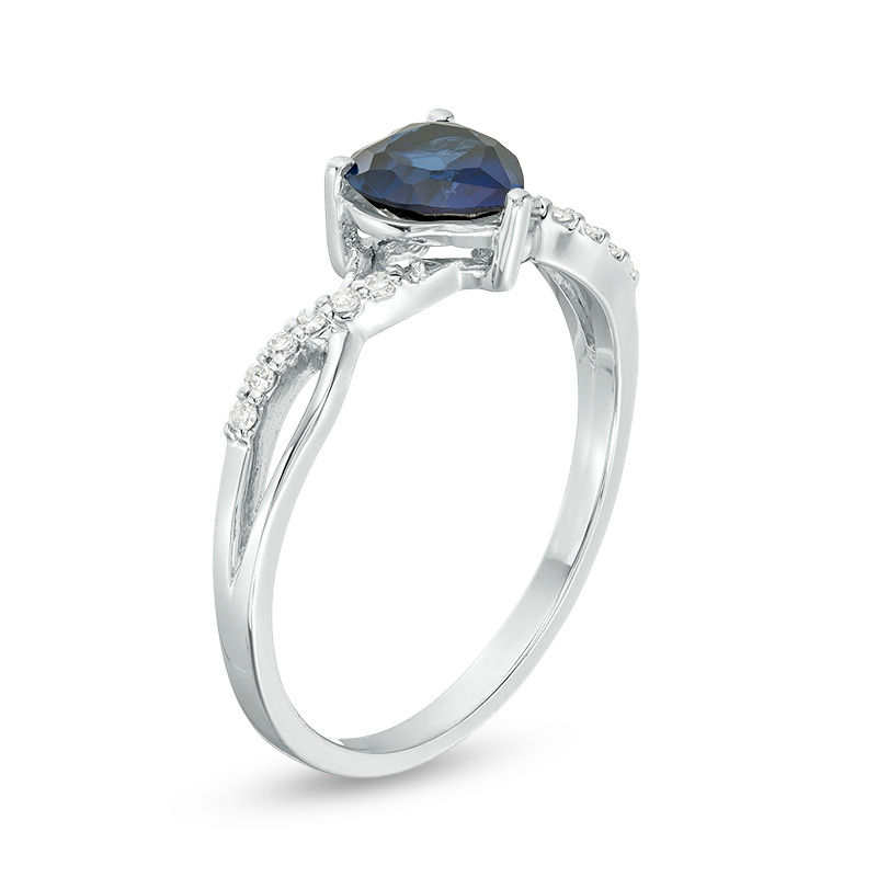 6.0mm Heart-Shaped Lab-Created Blue Sapphire and 1/20 CT. T.W. Diamond Twist Shank Ring in 10K White Gold