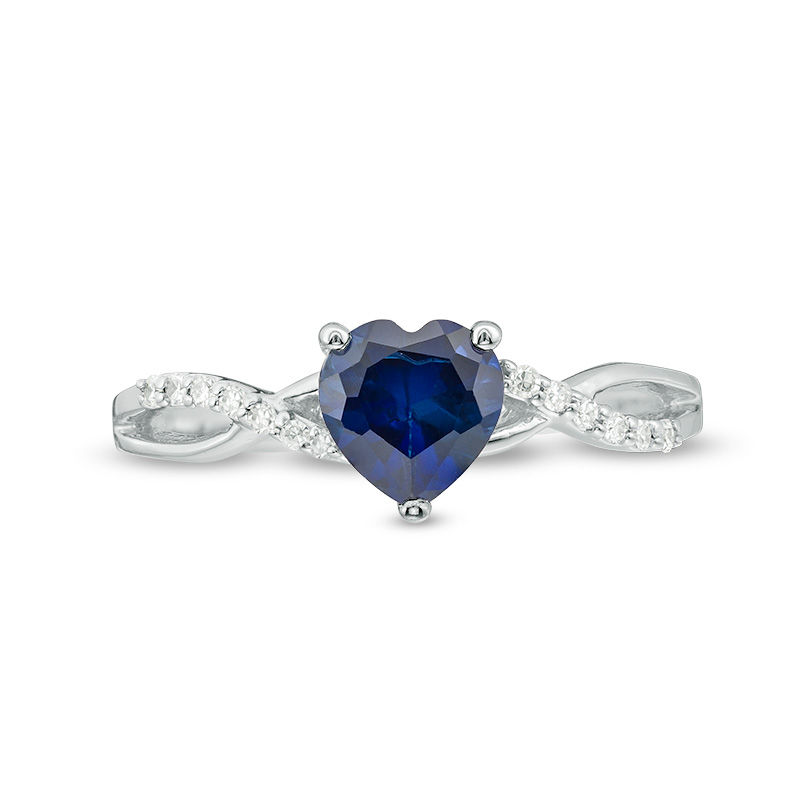 6.0mm Heart-Shaped Lab-Created Blue Sapphire and 1/20 CT. T.W. Diamond Twist Shank Ring in 10K White Gold