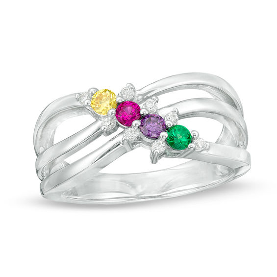 Mother's Birthstone and Diamond Accent Split Shank Ring (3-10 Stones)