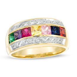 Mother's Princess-Cut Birthstone and Diamond Accent Ring (3-7 Stones)