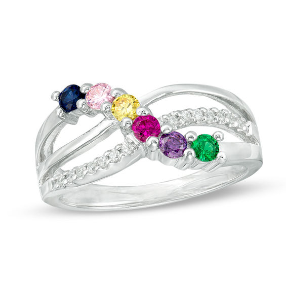 Mother's Birthstone and 1/10 CT. T.w. Diamond Crossover Ring (3-8 Stones)