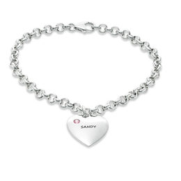 Birthstone Heart Charm Bracelet in Sterling Silver (1 Stone and Name) - 7.25&quot;