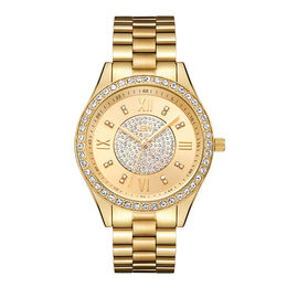 Ladies' JBW Mondrian 1/6 CT. T.W. Diamond and Crystal Accent 18K Gold Plate Watch with Gold-Tone Dial (Model: J6303B)