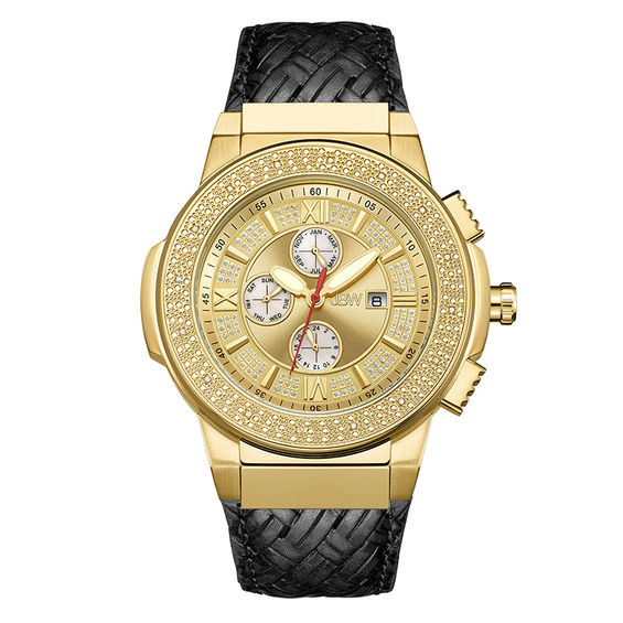 Men's JBW Saxon 1/6 CT. T.w. Diamond and Crystal 18K Gold Plate Strap Watch with Gold-Tone Dial (Model: Jb-6101L-J)