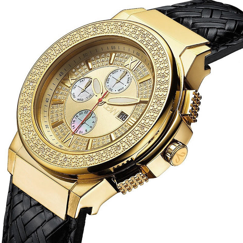 Men's JBW Saxon 1/6 CT. T.W. Diamond and Crystal 18K Gold Plate Strap Watch with Gold-Tone Dial (Model: JB-6101L-J)