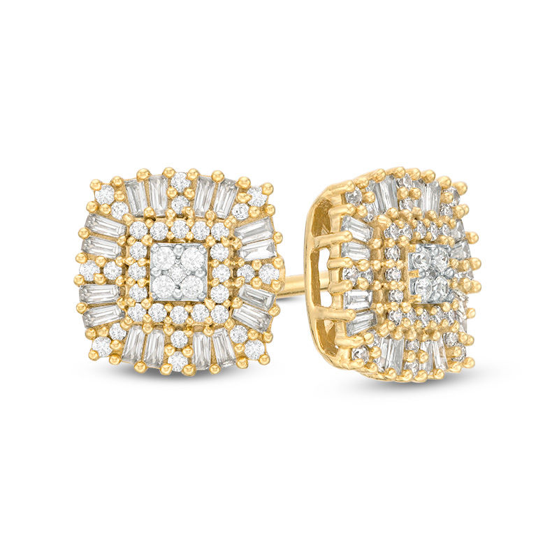 Main Image 1 of 1/2 CT. T.W. Quad Diamond Sunburst Cushion Frame Stud Earrings in 10K Gold