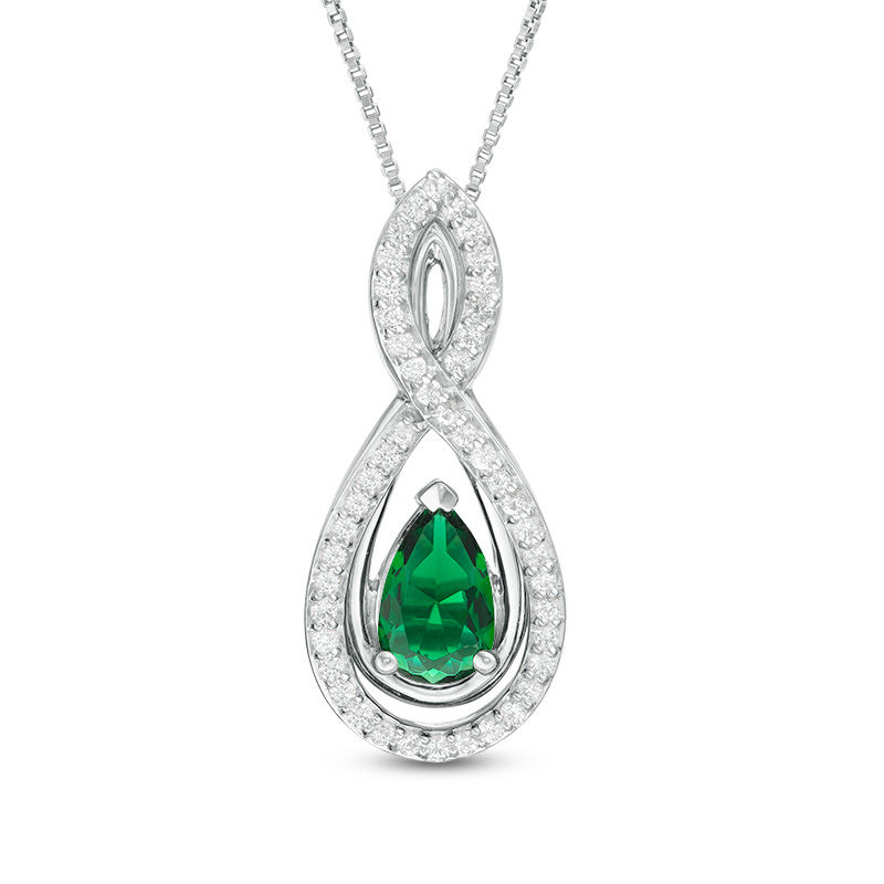 Pear-Shaped Lab-Created Emerald and White Sapphire Intertwining Infinity Three-in-One Pendant in Sterling Silver