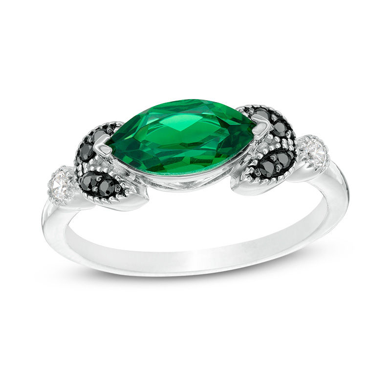 Sideways Marquise Lab-Created Emerald and 1/10 CT. T.W. Enhanced Black and White Diamond Leaves Ring in 10K White Gold