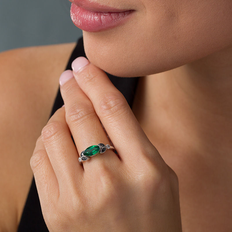 Sideways Marquise Lab-Created Emerald and 1/10 CT. T.W. Enhanced Black and White Diamond Leaves Ring in 10K White Gold