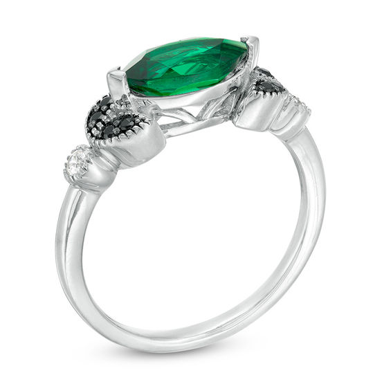 Sideways Marquise Lab-Created Emerald and 1/10 CT. T.w. Enhanced Black and White Diamond Leaves Ring in 10K White Gold