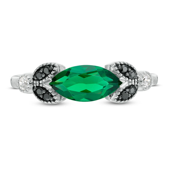 Sideways Marquise Lab-Created Emerald and 1/10 CT. T.w. Enhanced Black and White Diamond Leaves Ring in 10K White Gold