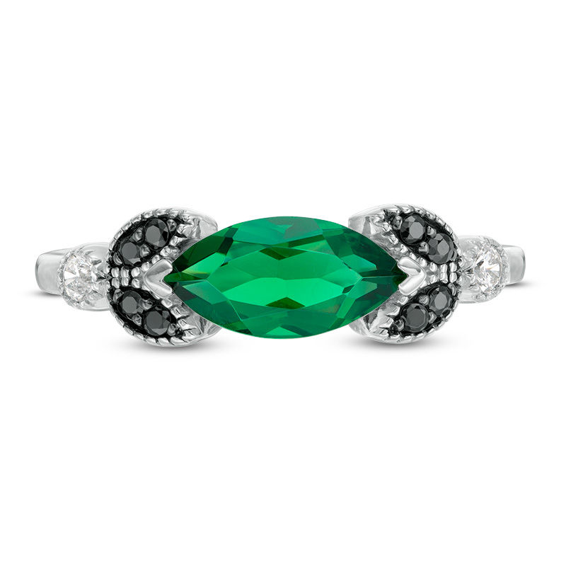 Sideways Marquise Lab-Created Emerald and 1/10 CT. T.W. Enhanced Black and White Diamond Leaves Ring in 10K White Gold