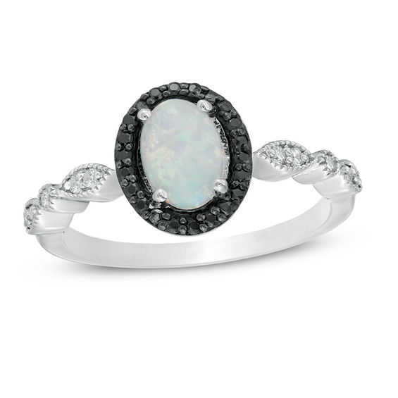 Oval Lab-Created Opal and 1/8 CT. T.w. Enhanced Black and White Diamond Frame Ring in Sterling Silver
