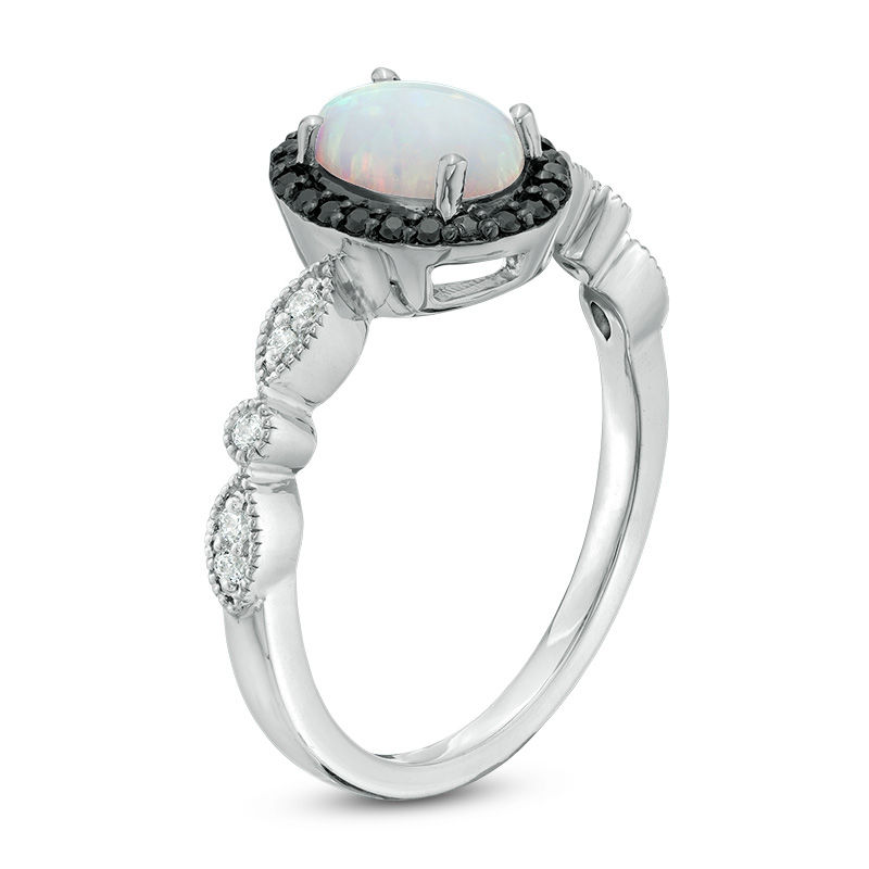 Oval Lab-Created Opal and 1/8 CT. T.W. Enhanced Black and White Diamond Frame Ring in Sterling Silver