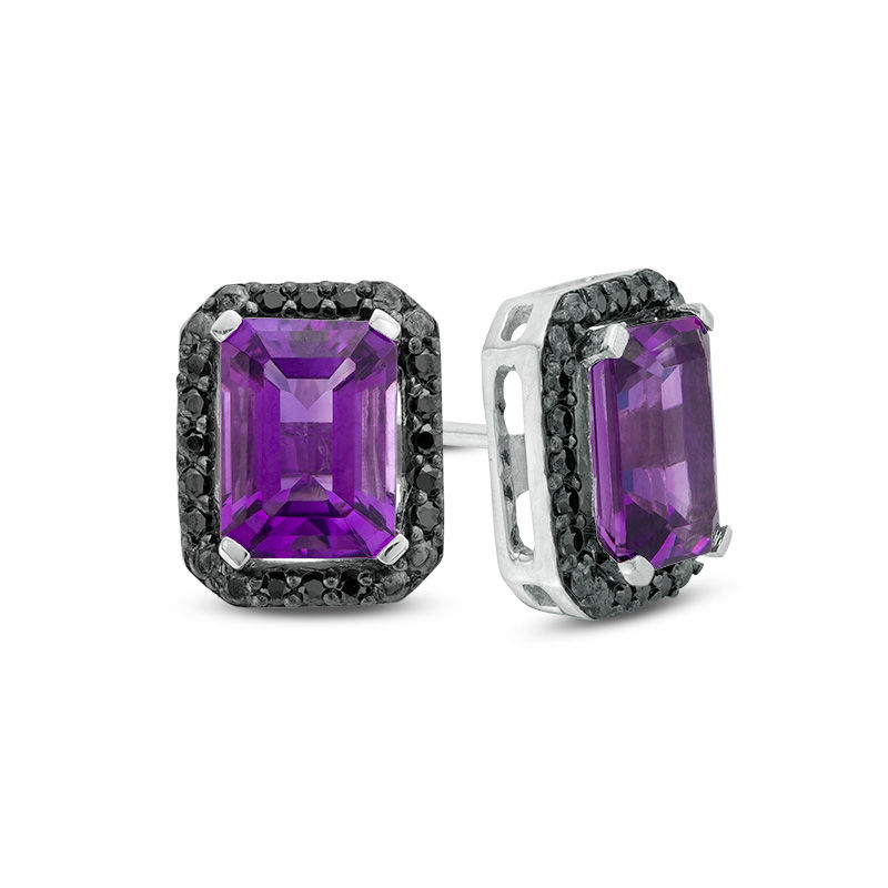 Emerald-Cut Amethyst and 1/8 CT. T.W. Black Diamond Frame Stud Earrings in Sterling Silver