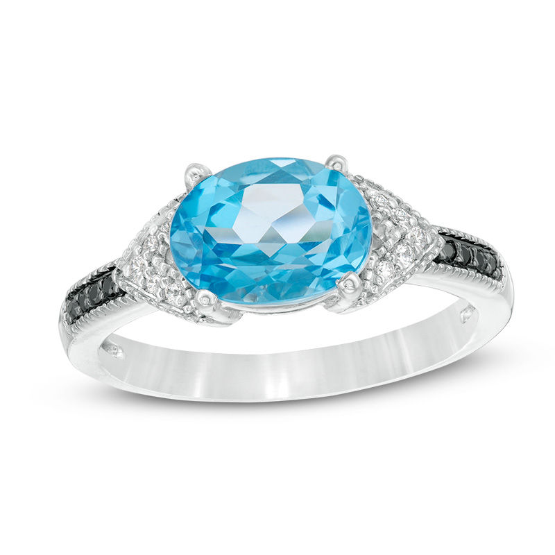 Sideways Oval Blue Topaz and 1/15 CT. T.W. Enhanced Black and White Diamond Vintage-Style Ring in Sterling Silver