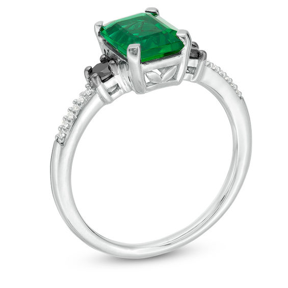 Emerald-Cut Lab-Created Emerald and 1/8 CT. T.w. Enhanced Black and White Diamond Ring in 10K White Gold