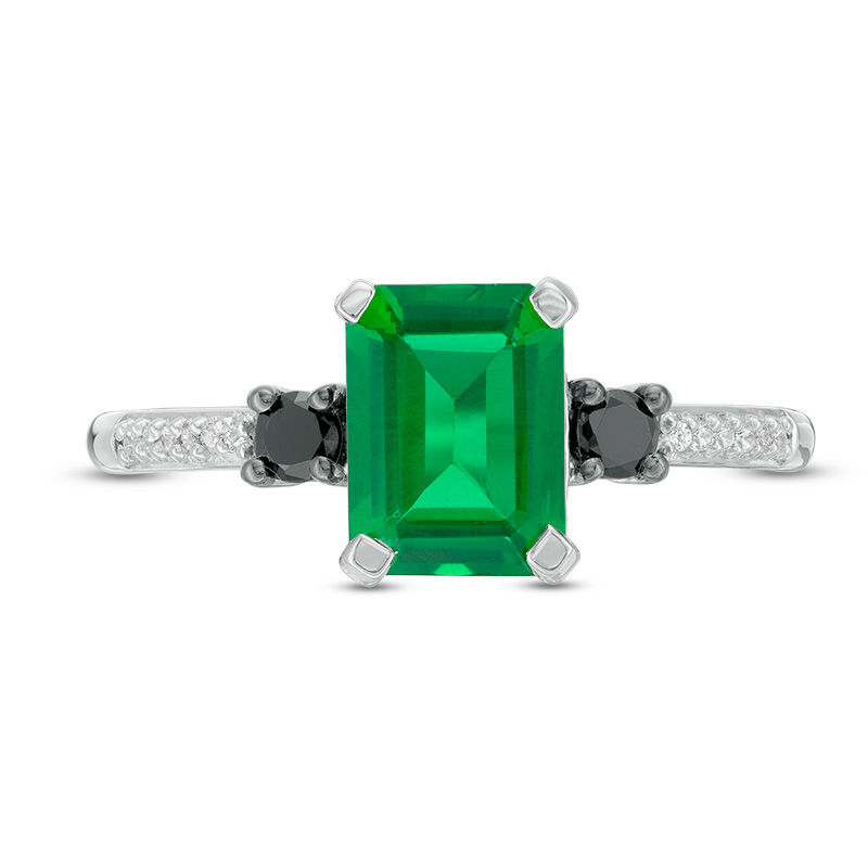 Emerald-Cut Lab-Created Emerald and 1/8 CT. T.W. Enhanced Black and White Diamond Ring in 10K White Gold