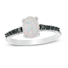 Oval Lab-Created Opal and 1/5 CT. T.W. Black Diamond Ring in Sterling Silver