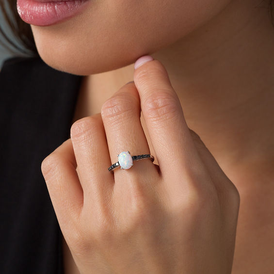 Oval Lab-Created Opal and 1/5 CT. T.w. Black Diamond Ring in Sterling Silver