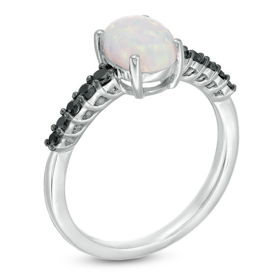 Oval Lab-Created Opal and 1/5 CT. T.w. Black Diamond Ring in Sterling Silver