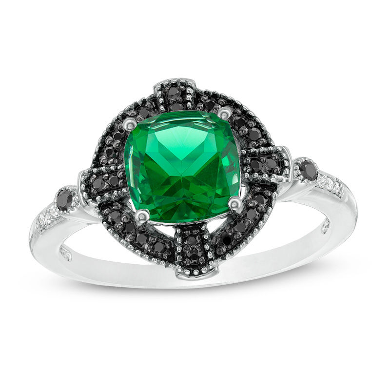 Lab-Created Emerald and 1/8 CT. T.W. Enhanced Black and White Diamond Gothic-Style Cross Frame Ring in 10K White Gold