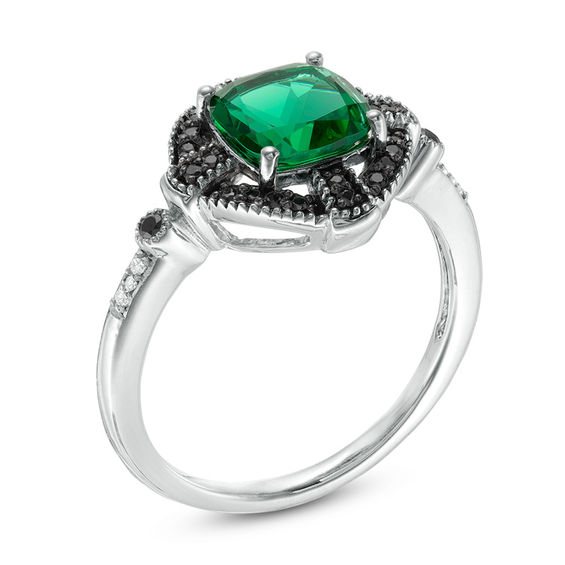 Lab-Created Emerald and 1/8 CT. T.w. Enhanced Black and White Diamond Gothic-Style Cross Frame Ring in 10K White Gold