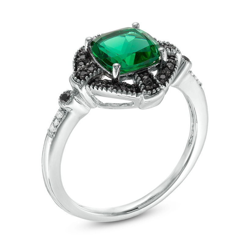 Lab-Created Emerald and 1/8 CT. T.W. Enhanced Black and White Diamond Gothic-Style Cross Frame Ring in 10K White Gold