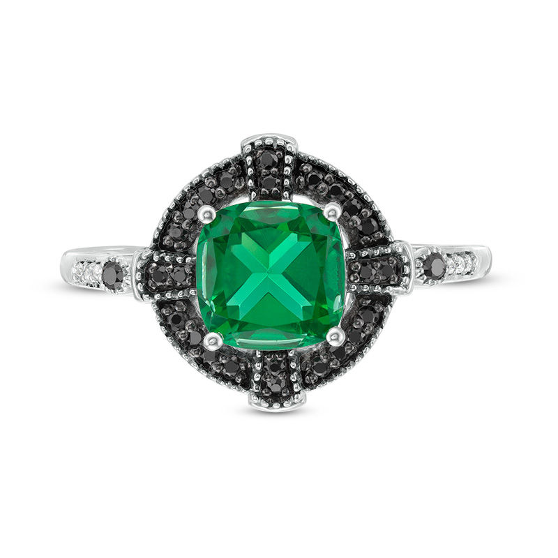 Lab-Created Emerald and 1/8 CT. T.W. Enhanced Black and White Diamond Gothic-Style Cross Frame Ring in 10K White Gold