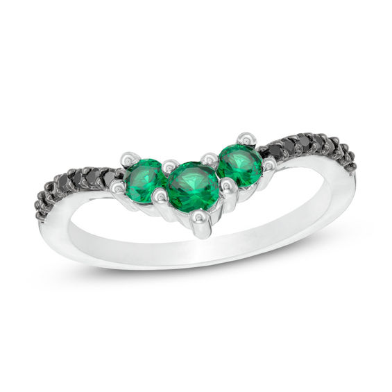Lab-Created Emerald and 1/20 CT. T.w. Black Diamond Chevron Ring in Sterling Silver