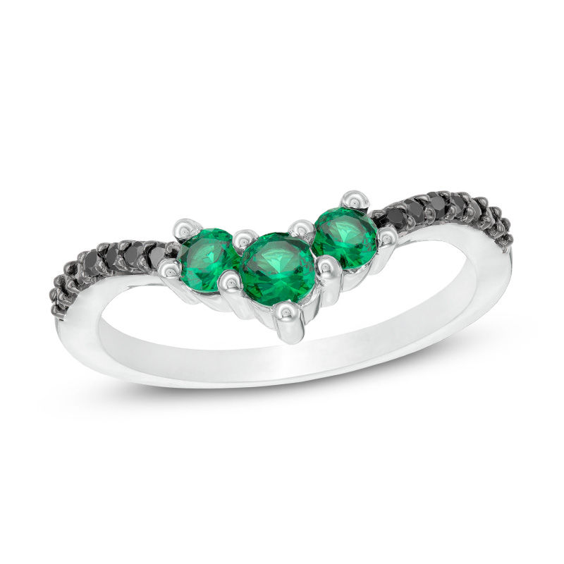 Lab-Created Emerald and 1/20 CT. T.W. Black Diamond Chevron Ring in Sterling Silver