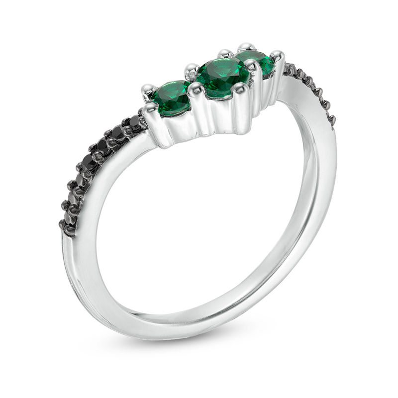 Lab-Created Emerald and 1/20 CT. T.W. Black Diamond Chevron Ring in Sterling Silver