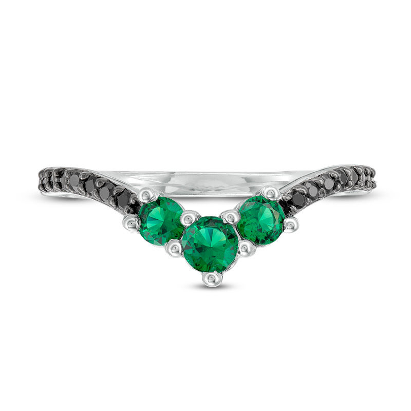 Lab-Created Emerald and 1/20 CT. T.W. Black Diamond Chevron Ring in Sterling Silver