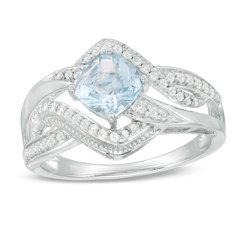 Main Image 1 of 6.0mm Cushion-Shaped Sky Blue Topaz and Lab-Created White Sapphire Bypass Ring in Sterling Silver
