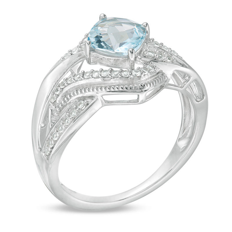 6.0mm Cushion-Cut Sky Blue Topaz and Lab-Created White Sapphire Bypass Ring in Sterling Silver