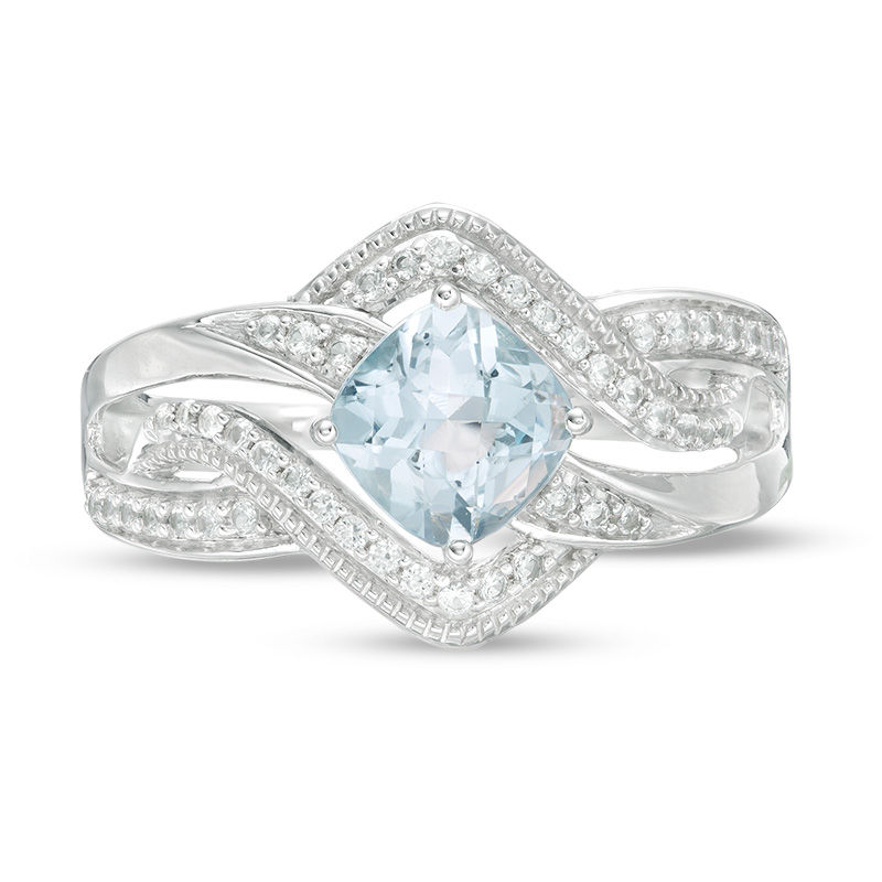 6.0mm Cushion-Cut Sky Blue Topaz and Lab-Created White Sapphire Bypass Ring in Sterling Silver