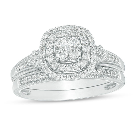 1/2 CT. T.w. Composite Diamond Double Cushion Frame Vintage-Style Bridal Set in 10K White Gold