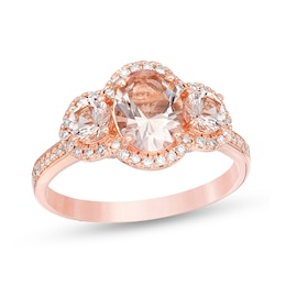 Oval Morganite and 1/5 CT. T.W. Diamond Frame Three Stone Engagement Ring in 14K Rose Gold