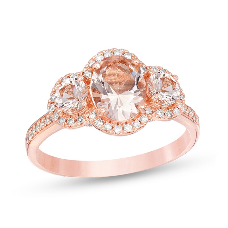 Main Image 1 of Oval Morganite and 1/5 CT. T.W. Diamond Frame Three Stone Engagement Ring in 14K Rose Gold