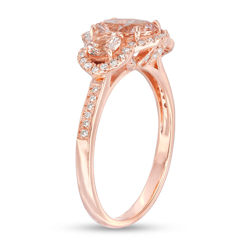 Main Image 2 of Oval Morganite and 1/5 CT. T.W. Diamond Frame Three Stone Engagement Ring in 14K Rose Gold