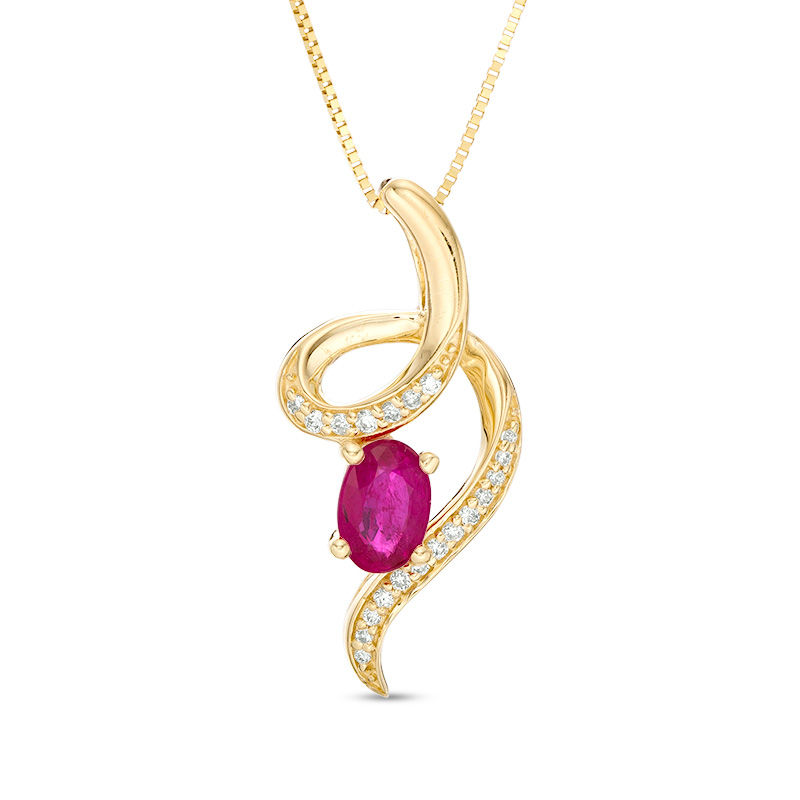 Oval Ruby and 1/20 CT. T.W. Diamond Curl Pendant in 10K Gold