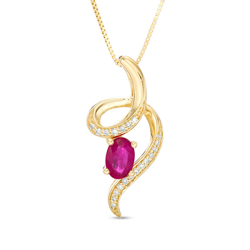 Main Image 1 of Oval Ruby and 1/20 CT. T.W. Diamond Curl Pendant in 10K Gold