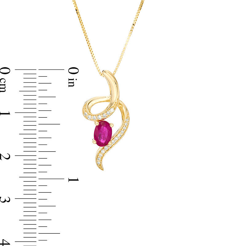 Oval Ruby and 1/20 CT. T.W. Diamond Curl Pendant in 10K Gold