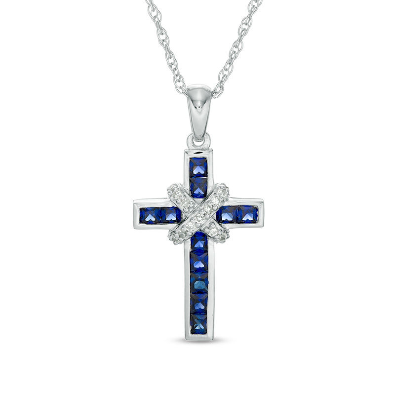Main Image 1 of Princess-Cut Lab-Created Ceylon Sapphire and 1/15 CT. T.W. Diamond "X" Cross Pendant in Sterling Silver