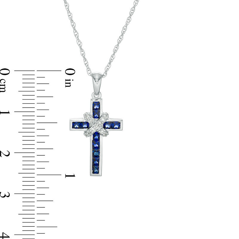 Main Image 2 of Princess-Cut Lab-Created Ceylon Sapphire and 1/15 CT. T.W. Diamond "X" Cross Pendant in Sterling Silver