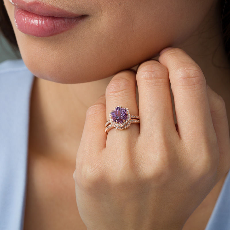 Hexagonal Rose de France Amethyst and 1/3 CT. T.W. Diamond Frame Bridal Set in 14K Rose Gold