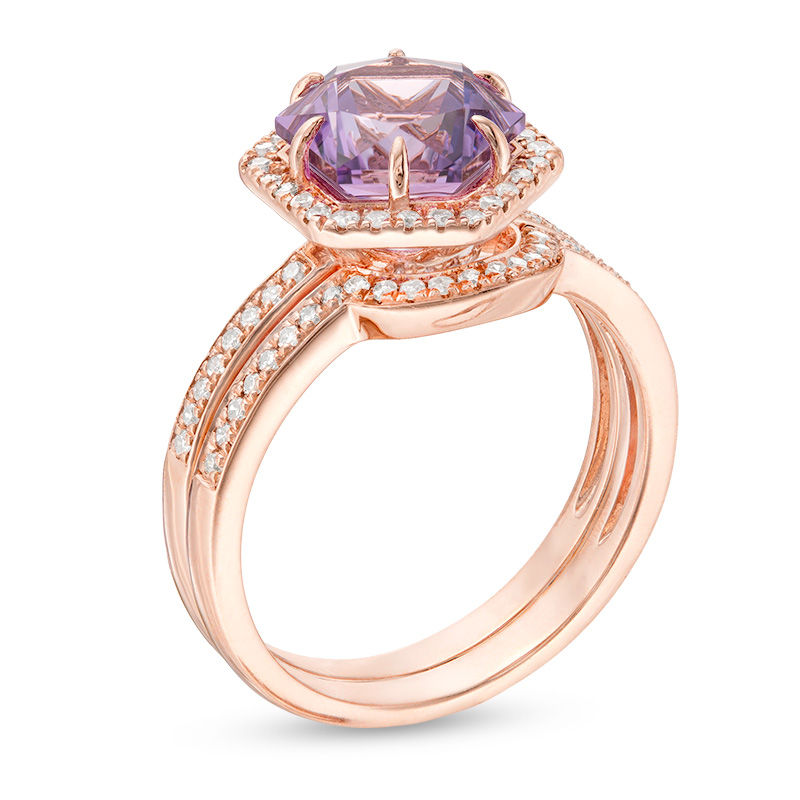 Hexagonal Rose de France Amethyst and 1/3 CT. T.W. Diamond Frame Bridal Set in 14K Rose Gold