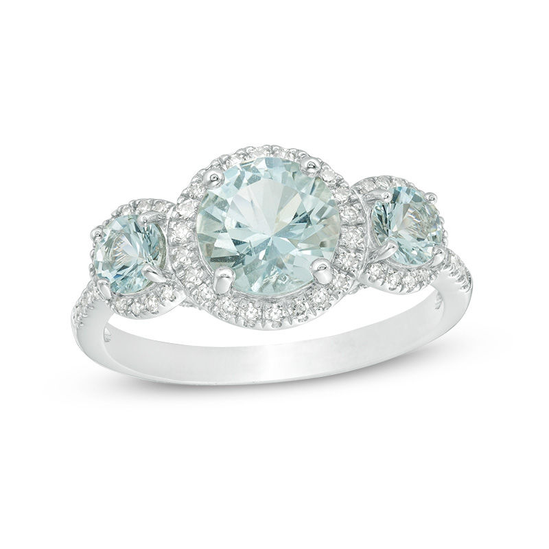 Main Image 1 of Aquamarine and 1/3 CT. T.W. Diamond Frame Three Stone Engagement Ring in 14K White Gold